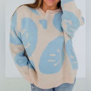 Altar’d State Long-Sleeve Crew-Neck Smiley Face Knit Sweater (Color: Blue/Gray)